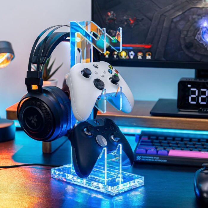 1738171844 OAPRIRE Controller Holder Headset Stand with Lights 3 Tier Acrylic Gaming Controller Stand for PS4 PS5 Xbox ONE Switch Universal Design Clear