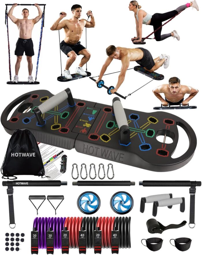 HOTWAVE Portable Exercise Equipment with 16 Gym Accessories.20 in 1 Push Up Board FitnessResistance Bands with Ab Roller WheelFull Body Workout at Home