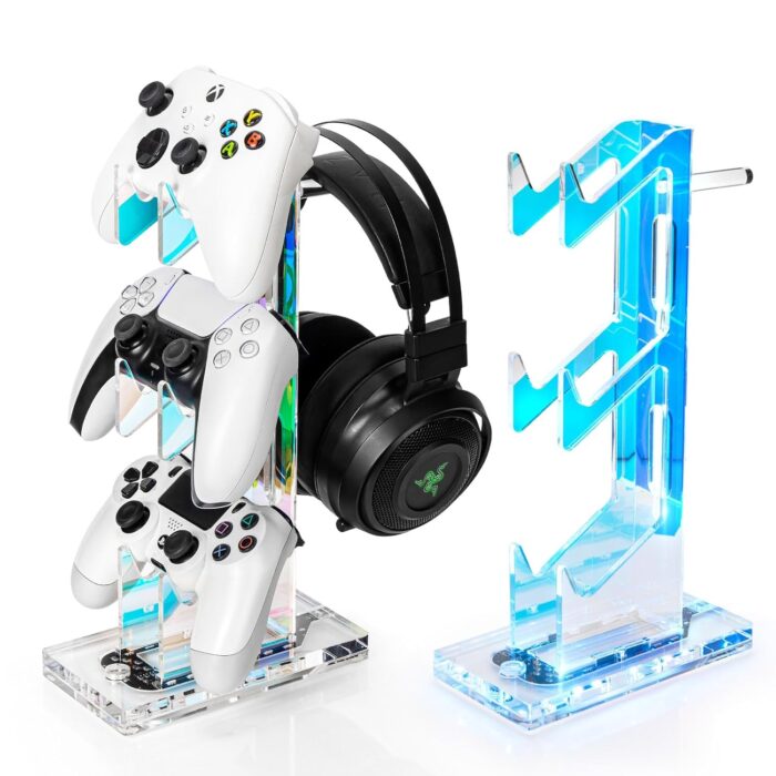 OAPRIRE Controller Holder Headset Stand with Lights 3 Tier Acrylic Gaming Controller Stand for PS4 PS5 Xbox ONE Switch Universal Design Clear