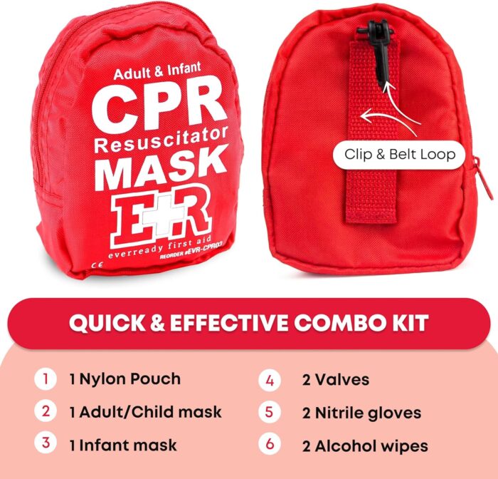 1738421399 Ever Ready First Aid Adult and Infant CPR Mask Combo Kit with 2 Valves with Pair of Vinyl Gloves 2 Alcohol Prep Pads Red