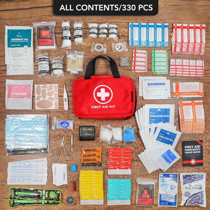 1738421415 330 Piece First Aid Kit Premium Waterproof Compact Trauma Medical Kits for Any Emergencies Ideal for Home Office Car Travel Outdoor Camping Hiking Boating Red