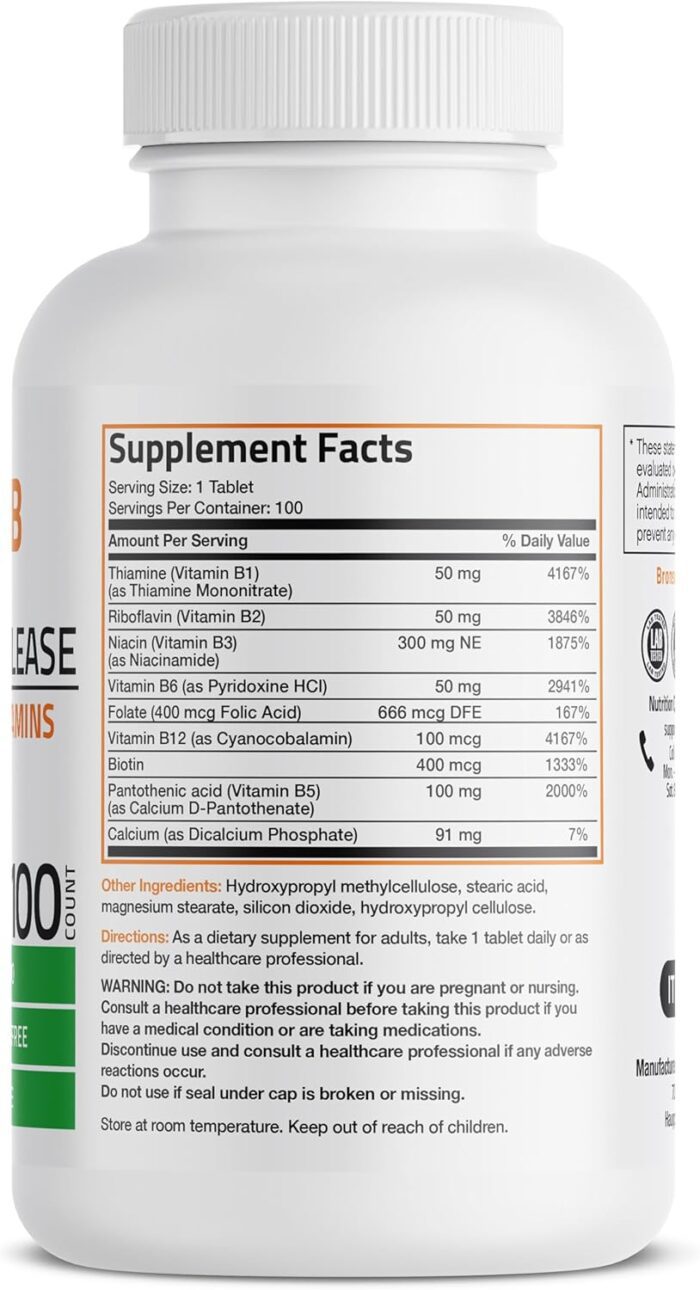 1738421934 Bronson Super B Vitamin B Complex Sustained Slow Release Vitamin B1 B2 B3 B6 B9 Folic Acid B12 Contains All B Vitamins 100 Tablets