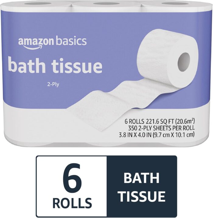 1738482953 Amazon Basics 2 Ply Toilet Paper 6 Rolls 24 Regular Rolls 350 Sheets 1 Pack of 6 Unscented