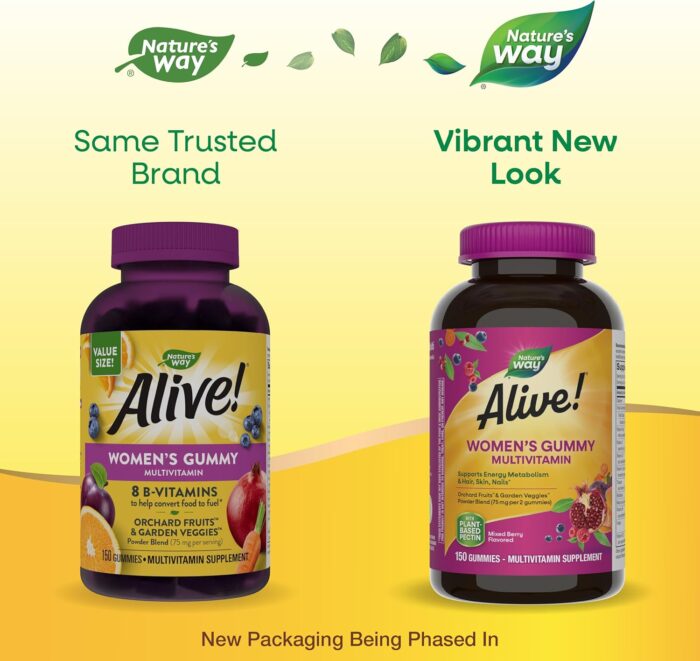 1738508845 Natures Way Alive Womens Daily Gummy Multivitamins 16 Vitamins Minerals Energy Metabolism Hair Skin Nails Vegetarian Mixed Berry Flavored 150 Gummies Packaging May Vary