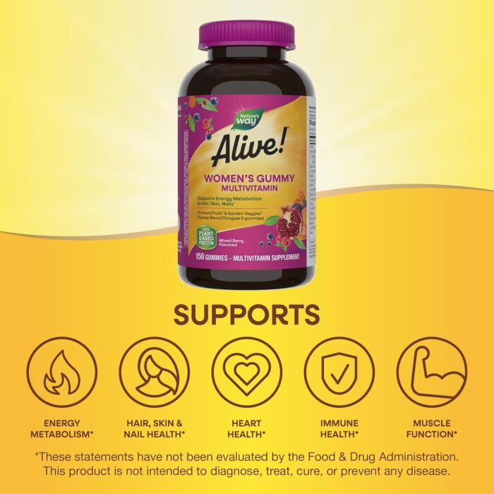 1738508851 Natures Way Alive Womens Daily Gummy Multivitamins 16 Vitamins Minerals Energy Metabolism Hair Skin Nails Vegetarian Mixed Berry Flavored 150 Gummies Packaging May Vary