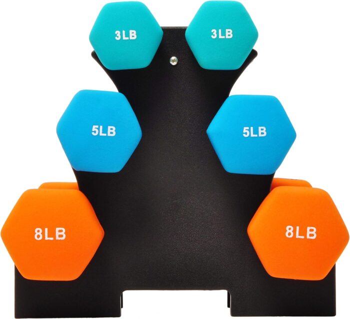 1738569316 Neoprene Dumbbell Hand Weights Anti Slip Anti roll Hex Shape Colorful Pair or Set with Stand