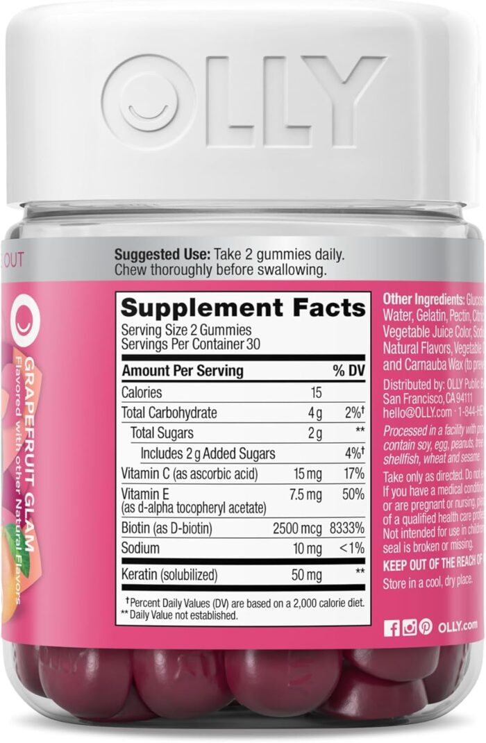 1738572941 OLLY Undeniable Beauty Gummy For Hair Skin Nails Biotin Vitamin C Keratin Chewable Supplement Grapefruit 30 Day Supply 60 Count