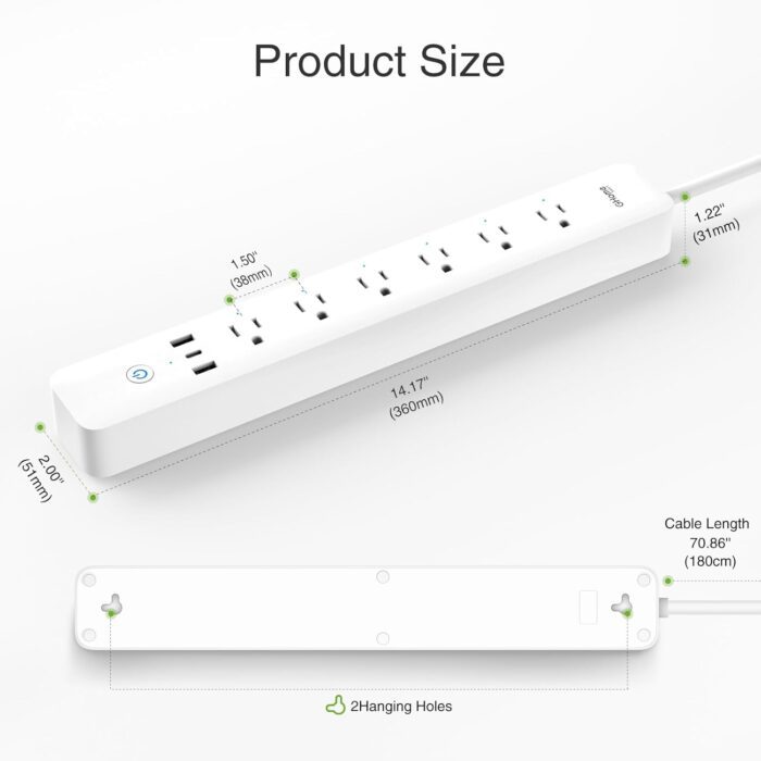 1738573135 GHome Smart Plug Power Strip 3 USB 30W Fast Charging and 6 Individually Controlled Outlets WiFi Surge Protector Works with Alexa Google Home Energy Monitor 7.18 ft Mountable Flat Plug 2A1C