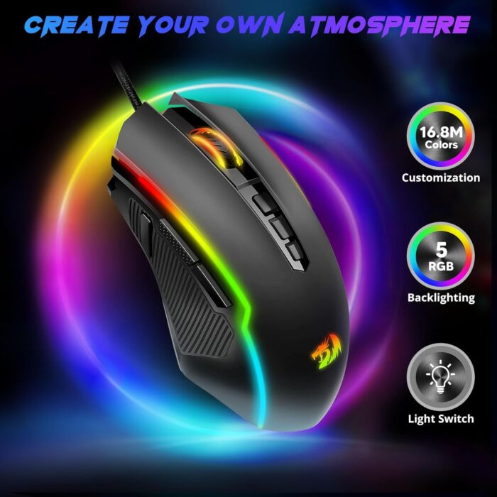 1738586189 Redragon Gaming Mouse Wired Gaming Mouse with RGB Backlit 8000 DPI Adjustable Mouse with 9 Programmable Macro Buttons Fire Button Software Supports DIY Keybinds M910 K