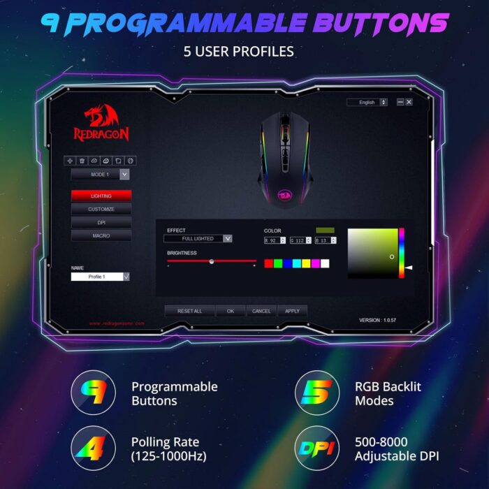 1738586219 Redragon Gaming Mouse Wired Gaming Mouse with RGB Backlit 8000 DPI Adjustable Mouse with 9 Programmable Macro Buttons Fire Button Software Supports DIY Keybinds M910 K