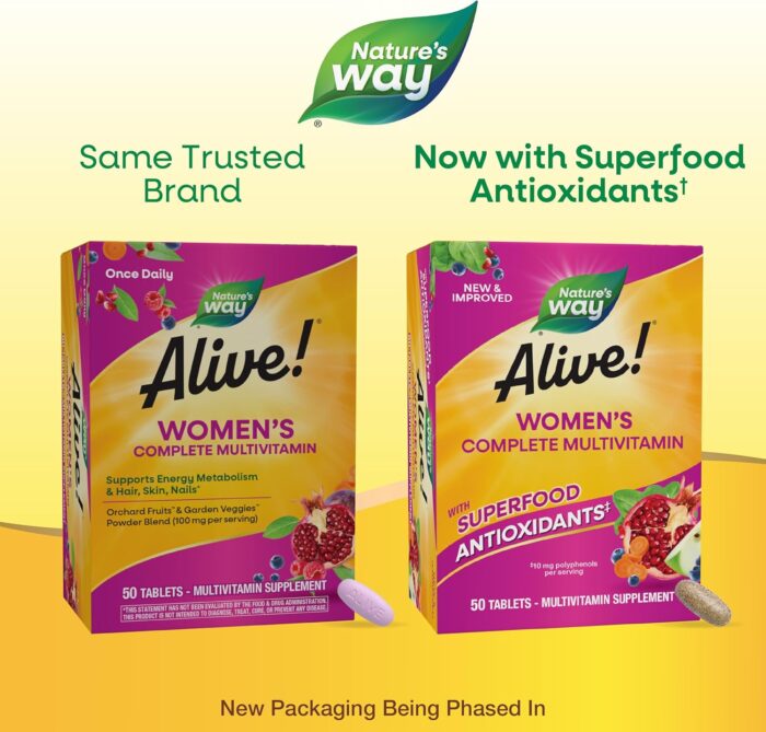 1738586329 Natures Way Alive Womens Complete Multivitamin Supports Energy Metabolism and Hair Skin Nails Superfood Antioxidants B Vitamins 50 Tablets Packaging May Vary