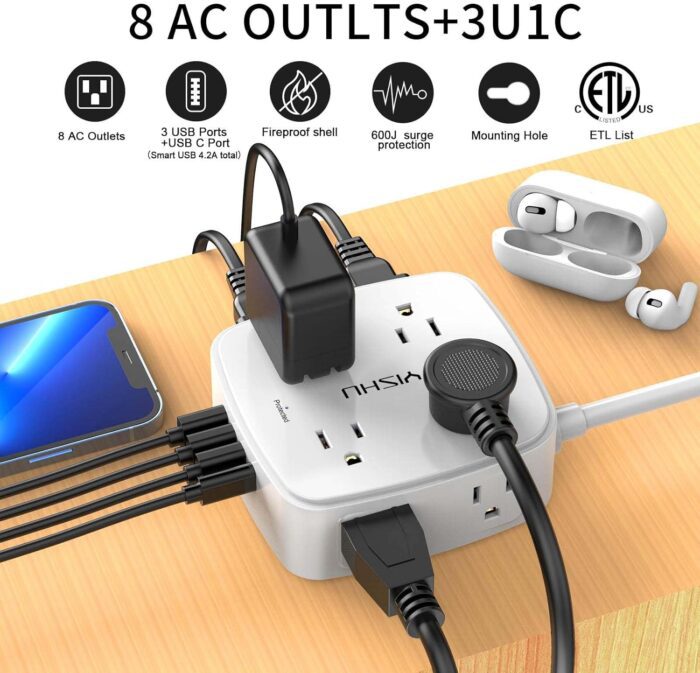 1738586337 6 Ft Surge Protector Power Strip 8 Widely Outlets With 4 Usb Ports 3 Side Outlet Extender With 6 Feet Extension Cord Flat Plug Wall Mount Desk Usb Charging Station Etlwhite.jpg