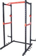 1738586340 Sunny Health Fitness Power Zone Strength Rack Power Cage 1000 LB Weight Capacity Spotter Bar Angled Pull Up Bar J Hooks Resistance Band Pins Optional LAT Pull Down