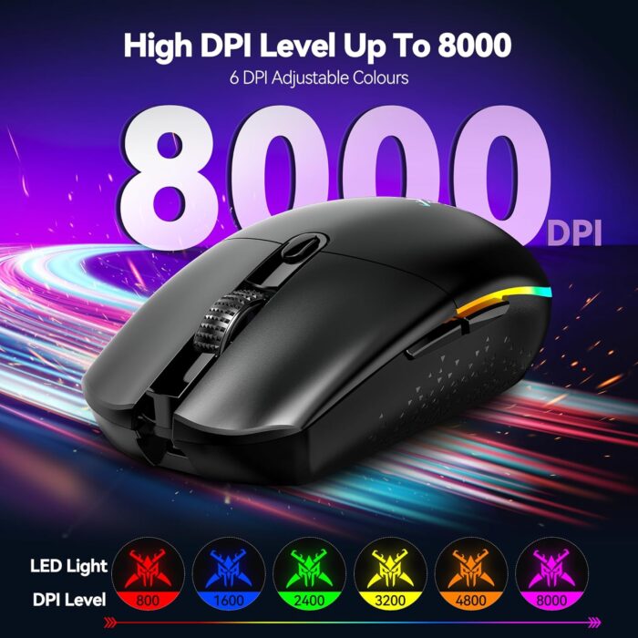 1738586343 TECKNET Wireless Gaming Mouse 8000 DPI Optical Sensor RGB Backlit Ultra Lightweight 6 Programmable Buttons Rechargeable 2.4G CordlessWired Mouse 100Hrs Battery Life for Laptop PC Mac Black