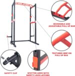 1738586344 Sunny Health Fitness Power Zone Strength Rack Power Cage 1000 LB Weight Capacity Spotter Bar Angled Pull Up Bar J Hooks Resistance Band Pins Optional LAT Pull Down