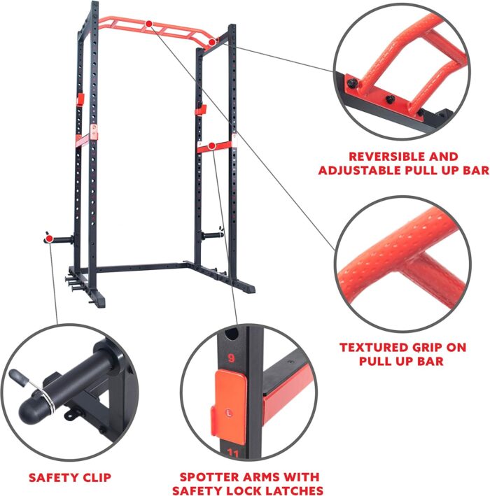 1738586344 Sunny Health Fitness Power Zone Strength Rack Power Cage 1000 LB Weight Capacity Spotter Bar Angled Pull Up Bar J Hooks Resistance Band Pins Optional LAT Pull Down