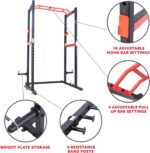 1738586349 Sunny Health Fitness Power Zone Strength Rack Power Cage 1000 LB Weight Capacity Spotter Bar Angled Pull Up Bar J Hooks Resistance Band Pins Optional LAT Pull Down