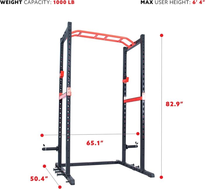 1738586354 Sunny Health Fitness Power Zone Strength Rack Power Cage 1000 LB Weight Capacity Spotter Bar Angled Pull Up Bar J Hooks Resistance Band Pins Optional LAT Pull Down