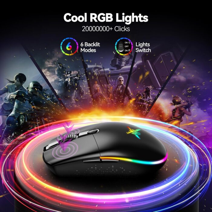 1738586355 TECKNET Wireless Gaming Mouse 8000 DPI Optical Sensor RGB Backlit Ultra Lightweight 6 Programmable Buttons Rechargeable 2.4G CordlessWired Mouse 100Hrs Battery Life for Laptop PC Mac Black