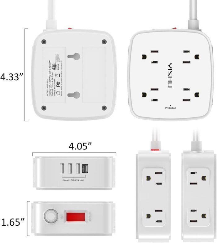 1738586357 6 Ft Surge Protector Power Strip 8 Widely Outlets with 4 USB Ports 3 Side Outlet Extender with 6 Feet Extension Cord Flat Plug Wall Mount Desk USB Charging Station ETLWhite