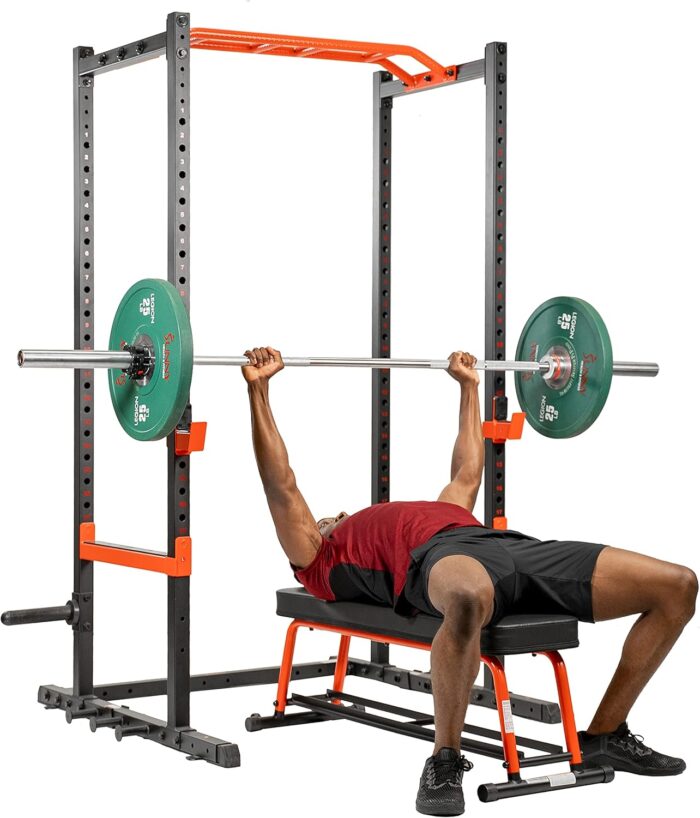 1738586357 Sunny Health Fitness Power Zone Strength Rack Power Cage 1000 LB Weight Capacity Spotter Bar Angled Pull Up Bar J Hooks Resistance Band Pins Optional LAT Pull Down