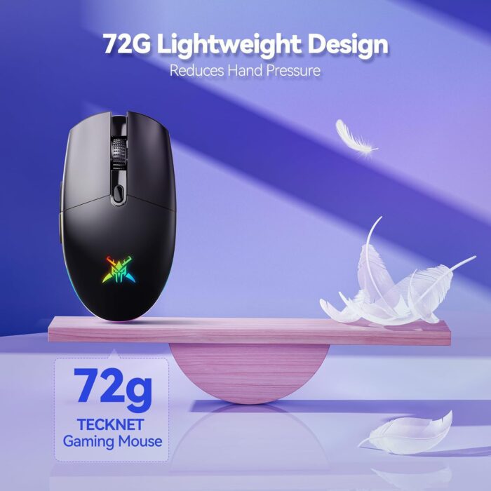 1738586359 TECKNET Wireless Gaming Mouse 8000 DPI Optical Sensor RGB Backlit Ultra Lightweight 6 Programmable Buttons Rechargeable 2.4G CordlessWired Mouse 100Hrs Battery Life for Laptop PC Mac Black