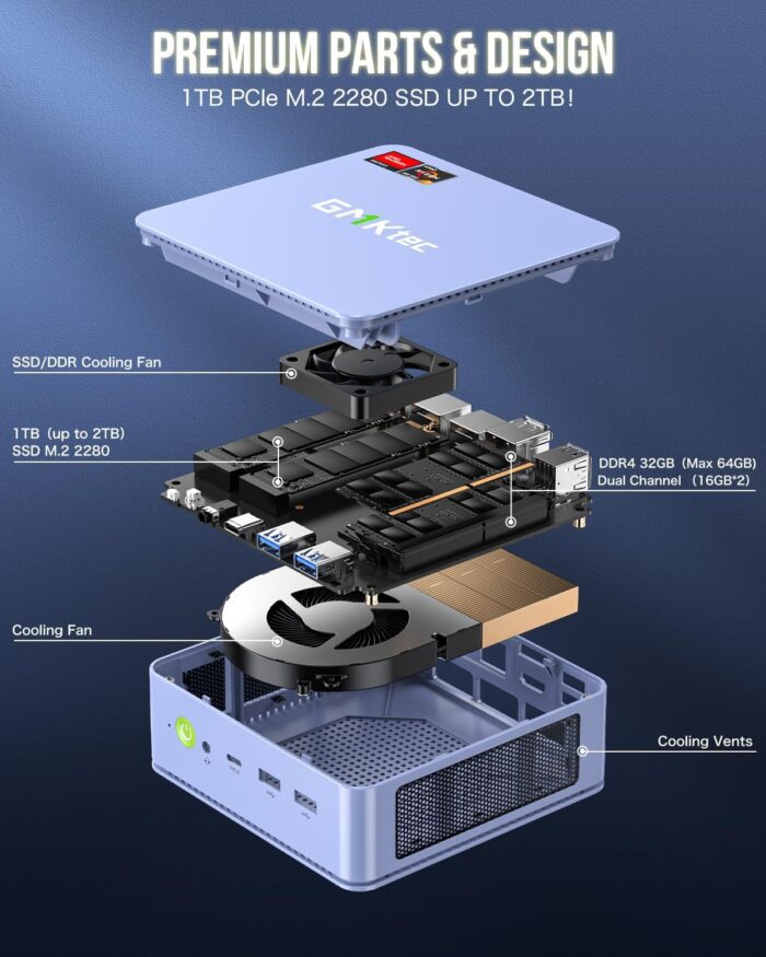 1738586605 GMKtec M5 Plus Gaming Mini PC Ryzen 7 5825U Upgraded 5700U 32GB RAM 1TB SSD Windows 11 Pro Dual NIC LAN 2.5GbE Desktop Computers Triple 4K Display Lunar Blue