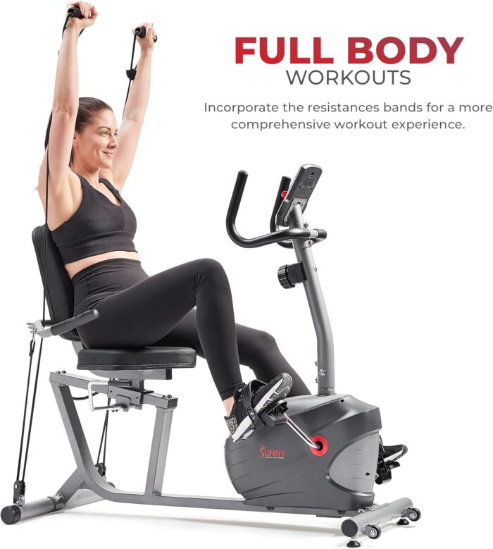 1738675300 Sunny Health Fitness Smart Indoor Recumbent Bike Trainer Home Full Body Workout Cardio Cycling Machine for Seniors Free SunnyFit Bluetooth Connect Optional Arm Exerciser Hand Cycle Bands