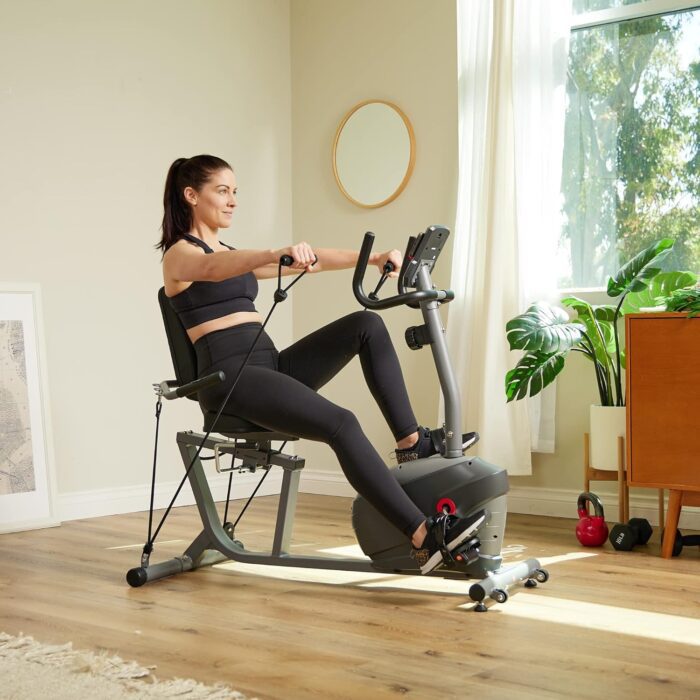 1738675307 Sunny Health Fitness Smart Indoor Recumbent Bike Trainer Home Full Body Workout Cardio Cycling Machine for Seniors Free SunnyFit Bluetooth Connect Optional Arm Exerciser Hand Cycle Bands