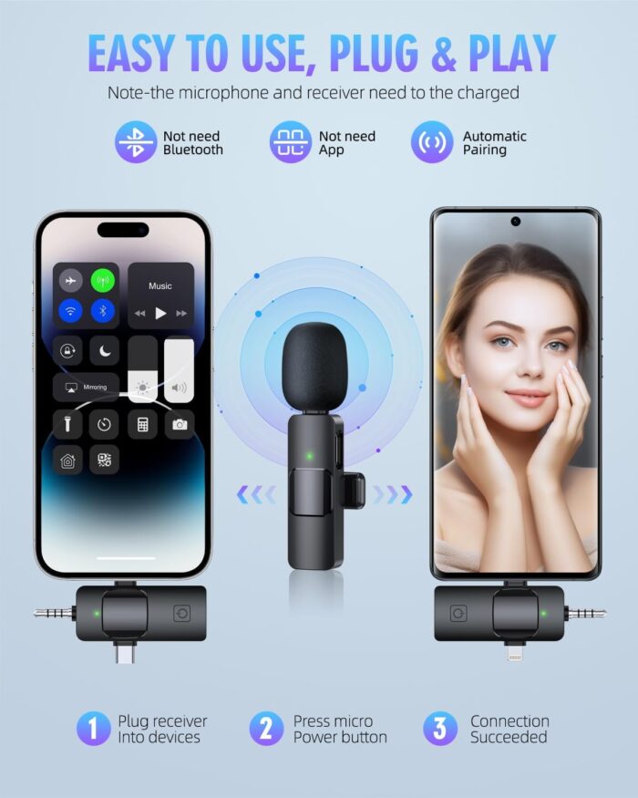 1738759321 PQRQP 3 in 1 Wireless Lavalier Microphones for iPhone iPad Android Camera USB C Microphone 7 Hour Battery Mini Microphone with Noise Reduction for Video Recording Vlog YouTube TikTok