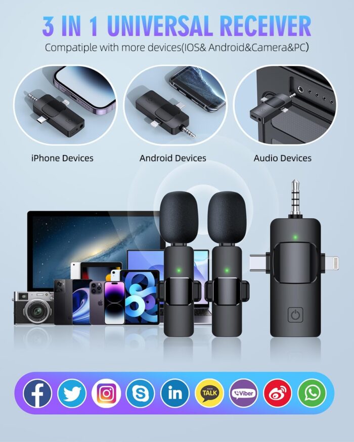 1738759324 PQRQP 3 in 1 Wireless Lavalier Microphones for iPhone iPad Android Camera USB C Microphone 7 Hour Battery Mini Microphone with Noise Reduction for Video Recording Vlog YouTube TikTok