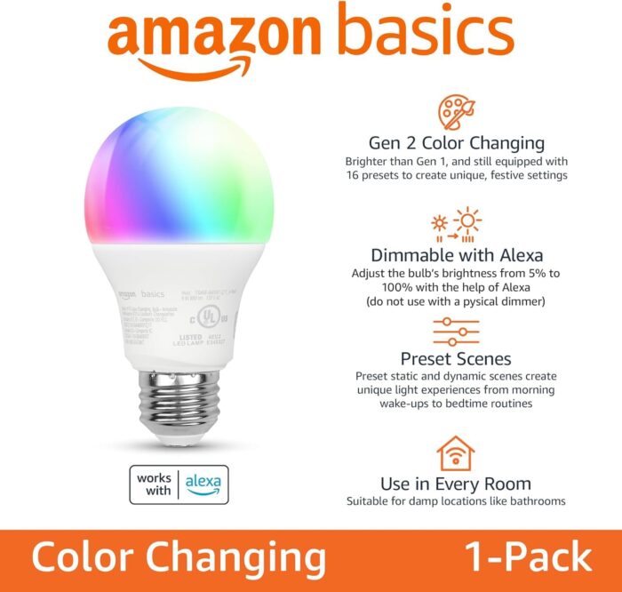 1738760726 Amazon Basics Smart A19 LED Light Bulb Color Changing 9W 60W Equivalent 800LM Works with Alexa Only 2.4 GHz Wi Fi No Hub Required 1 Pack