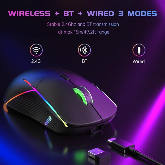 1738763176 FFJ Wireless Gaming Mouse 24000 DPI Tri Mode BT5.3Type C Wired2.4G Wireless Mouse RGB 6 Programmable Buttons 75Hrs Battery Life Rechargeable Gamer Mouse for PC Laptop Mac PS5 Xbox Black