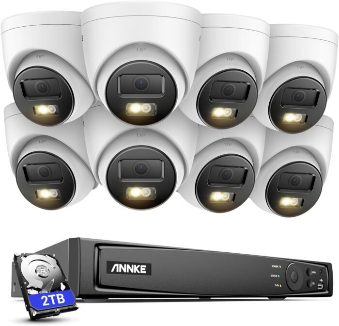 ANNKE Security Camera System PoE 8 Channel H.265 NVR 8X 12MP Turret Cams with Color Night Vision AI Motion Detection Built in Mic IP67 Smart IR 2TB HDD