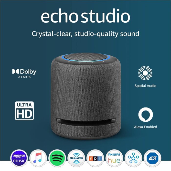 Amazon Echo Studio newest model Our best sounding smart speaker ever With Dolby Atmos spatial audio processing technology and Alexa Charcoal