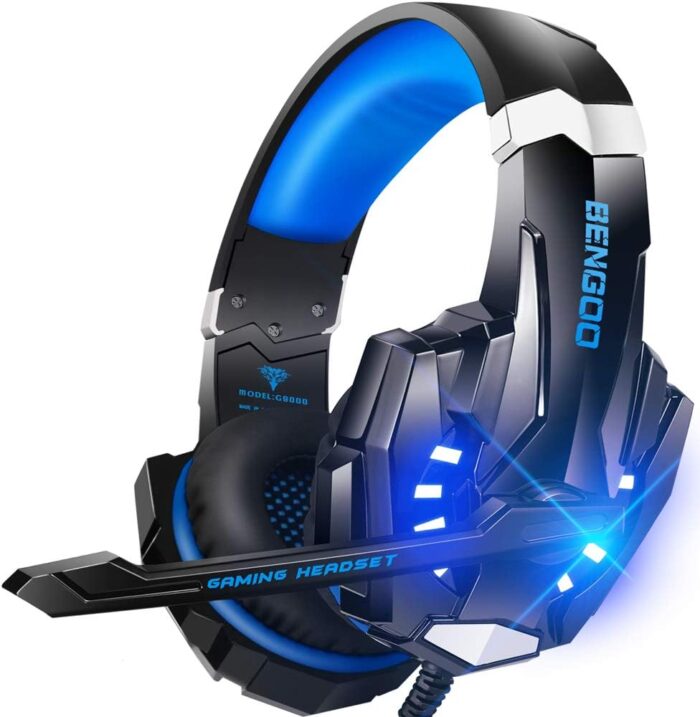 BENGOO G9000 Stereo Gaming Headset for PS4 PC Xbox One PS5 Controller Noise Cancelling Over Ear Headphones with Mic LED Light Bass Surround Soft Memory Earmuffs Blue