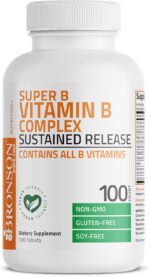 Bronson Super B Vitamin B Complex Sustained Slow Release Vitamin B1 B2 B3 B6 B9 Folic Acid B12 Contains All B Vitamins 100 Tablets