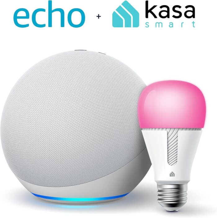 Echo 4th Gen in Glacier White bundle with TP Link Kasa Smart Color Bulb