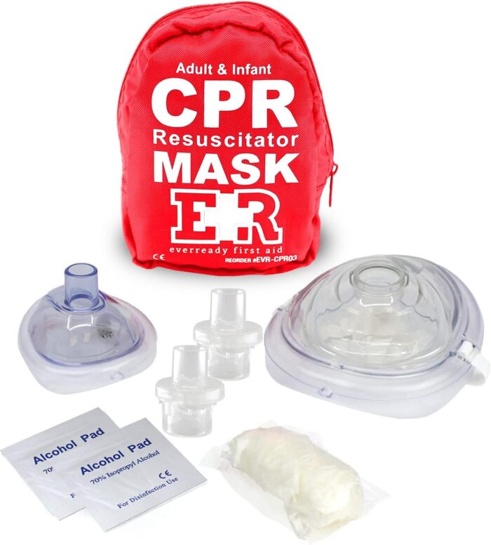 Ever Ready First Aid Adult and Infant CPR Mask Combo Kit with 2 Valves with Pair of Vinyl Gloves 2 Alcohol Prep Pads Red