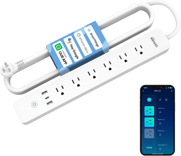 GHome Smart Plug Power Strip 3 USB 30W Fast Charging and 6 Individually Controlled Outlets WiFi Surge Protector Works with Alexa Google Home Energy Monitor 7.18 ft Mountable Flat Plug 2A1C