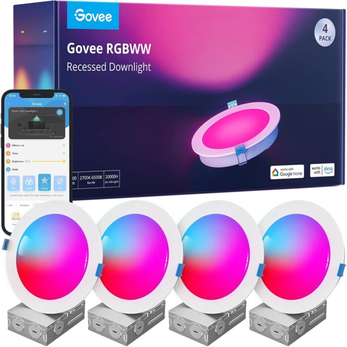 Govee Smart Recessed Lighting 6 Inch Wi Fi Bluetooth Direct Connect RGBWW LED Downlight 65 Scene Mode Work with Alexa Google Assistant with Junction Box 1100 Lumen 4 Pack