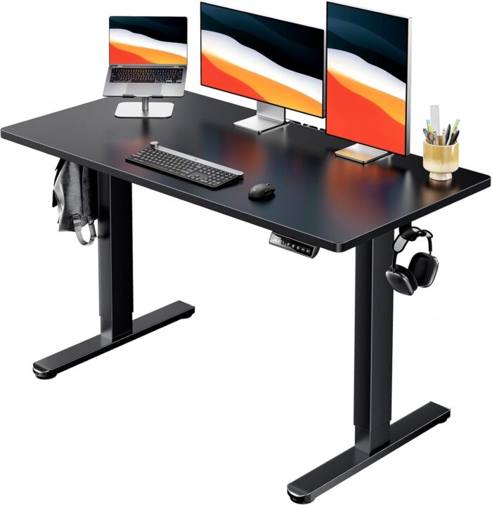 HUANUO Electric Standing Desk 48 x 24 Whole Piece Desktop Adjustable Height Computer Desk 4 Height Memory Settings Sit Stand Up Desk for Home Office Black