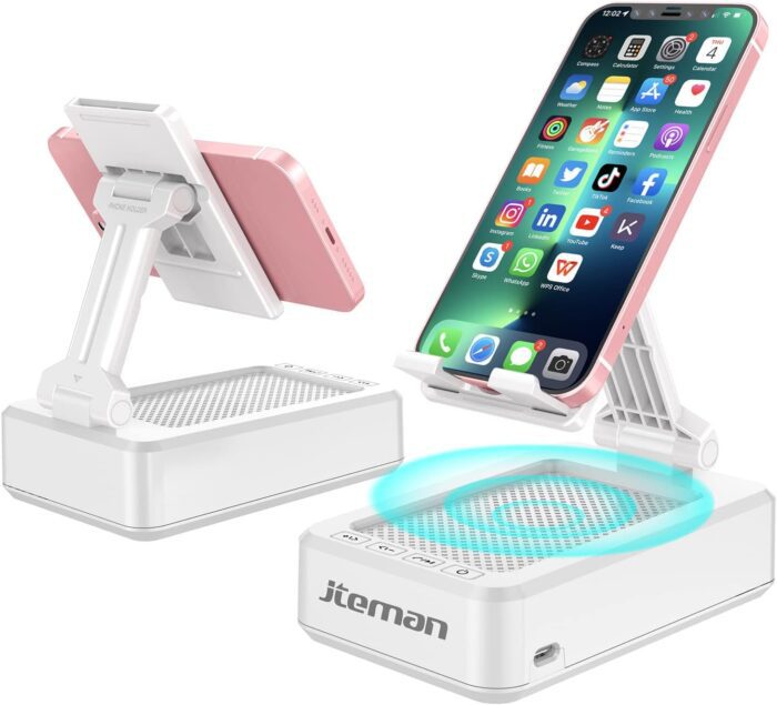 JTEMAN Portable Phone Stand with Speaker Bluetooth WirelessGifts for Men WomenBirthday for Women MenKitchen Gadgets for MenPhone Holder for Desk White