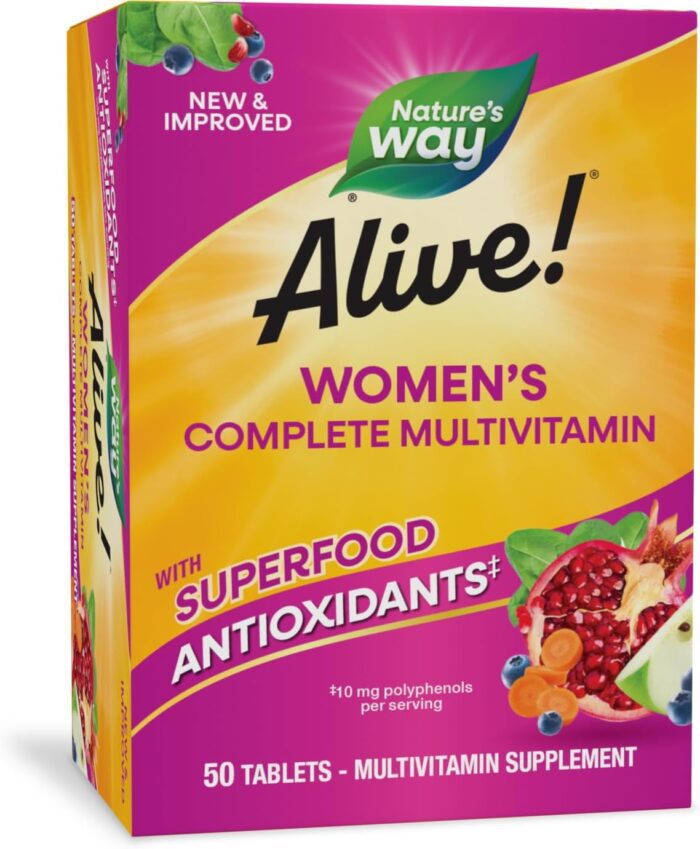 Natures Way Alive Womens Complete Multivitamin Supports Energy Metabolism and Hair Skin Nails Superfood Antioxidants B Vitamins 50 Tablets Packaging May Vary