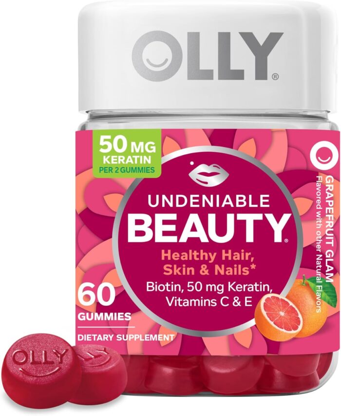 OLLY Undeniable Beauty Gummy For Hair Skin Nails Biotin Vitamin C Keratin Chewable Supplement Grapefruit 30 Day Supply 60 Count