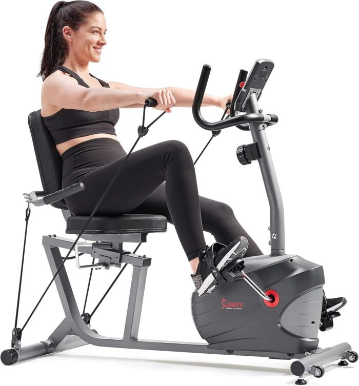 Sunny Health Fitness Smart Indoor Recumbent Bike Trainer Home Full Body Workout Cardio Cycling Machine for Seniors Free SunnyFit Bluetooth Connect Optional Arm Exerciser Hand Cycle Bands