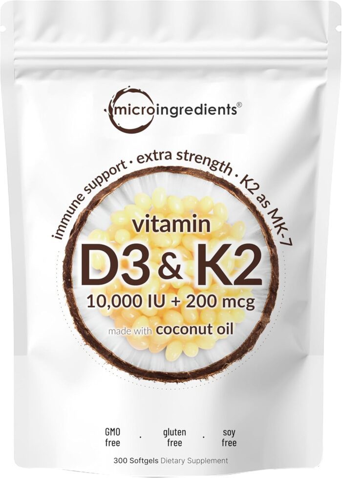 Vitamin D3 10000 iu Plus K2 MK 7 200 mcg 300 Virgin Coconut Oil Softgels 2 in 1 Vitamins D K Complex Supports Calcium Absorption Bone Immune Heart Health – Easy to Swallow